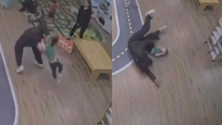 A family is suing a hospitality and fitness center in California after security footage showed their child bring thrown into the air and dropped onto a hardwood floor