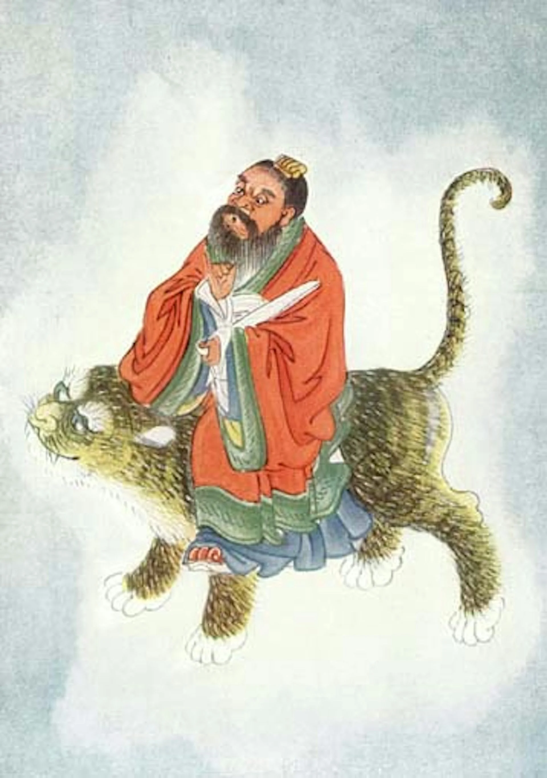 A sketch of a man wearing an orange cloak seated on a tiger.