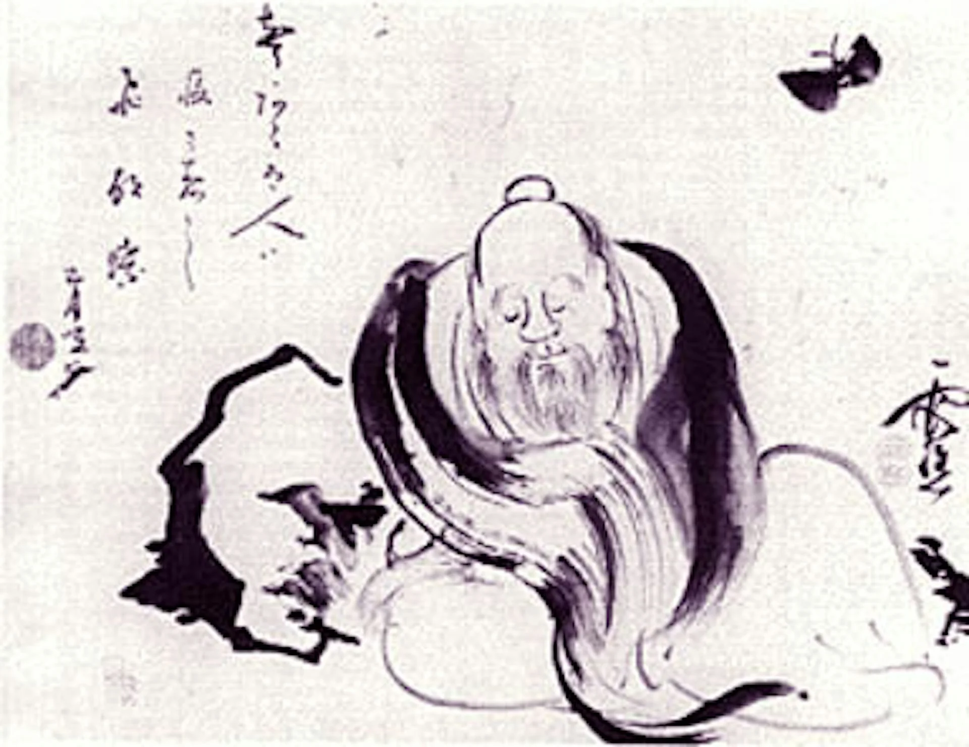 A black-and-white sketch of a man with a flowing beard seated in contemplation, with a butterfly hovering above him.