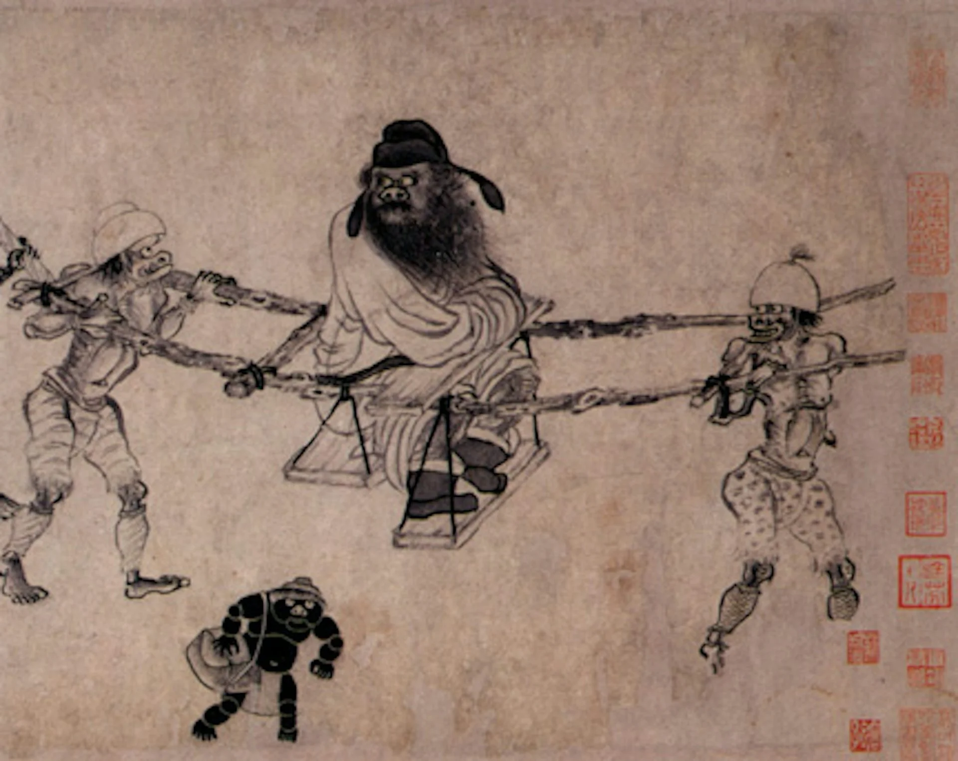A painting of a man seated in an open palanquin carried by attendants on either side.