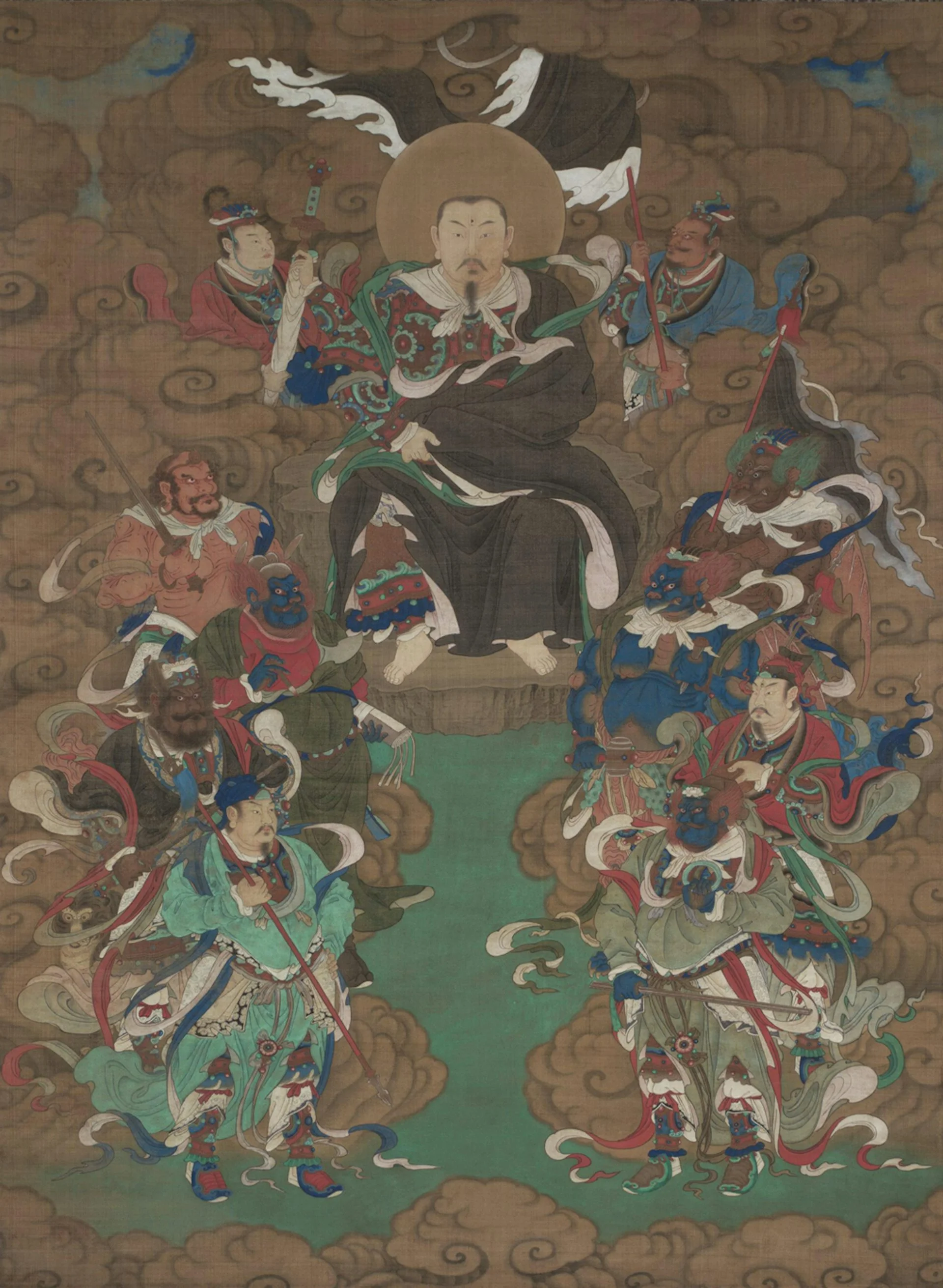 A colorful painting of a seated Chinese deity, surrounded by attendants and other divine figures.