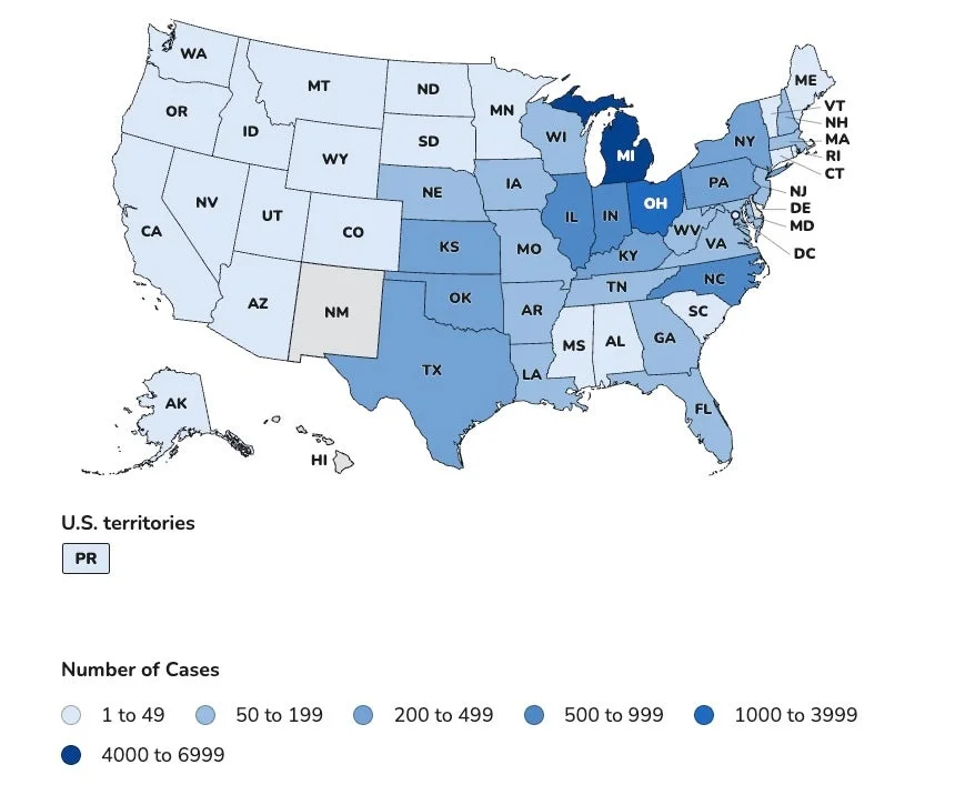 This Centers for Disease Control and Prevention map shows where cyclosporiasis cases are the highest and lowest throughout the U.S. Michigan has the most cases, shown in the darkest blue. The lightest blue states have the lowest number of cases and grey states have reported none