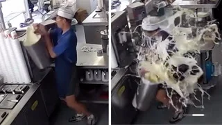 Frozen custard employee drops vat of shake mix in spectacular spill