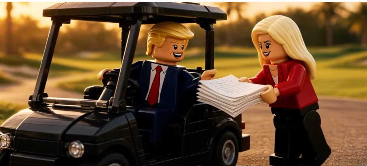 AI-generated versions of Trump and Harp as Lego figures show the 35-year-old White House aide following the president's golf cart – a reference to recent reports that Harp sprinted to keep up with Trump during a golf trip