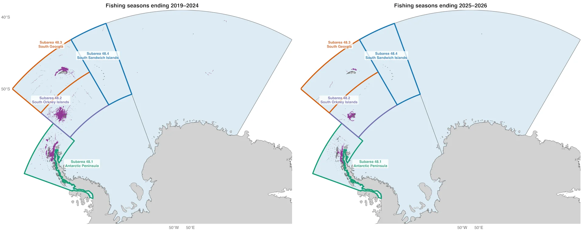 Two maps of a region of Antarctica and the Southern Ocean below the Atlantic show purple shading where krill fishing activity happened under two different sets of rules. More krill were caught in 2025 and 2026 than in the previous years, in a smaller area of the ocean.