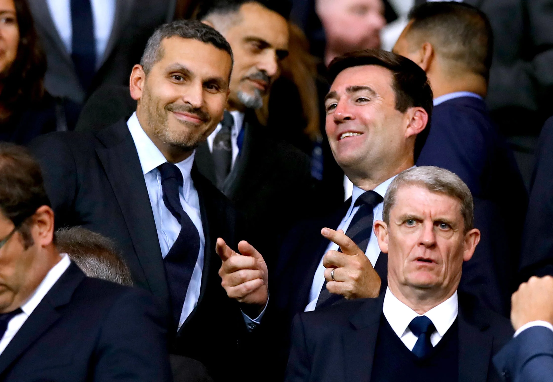 Andy Burnham speaks to Manchester City Chairman Khaldoon Al Mubarak prior to the Vincent Kompany Testimonial at the Etihad Stadium in 2019