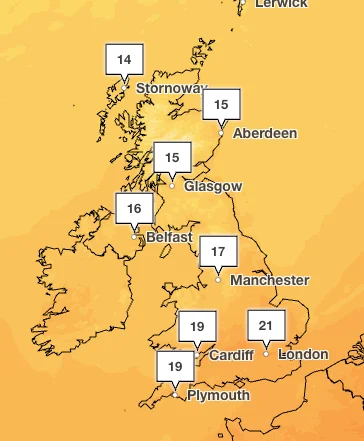 Temperatures on Saturday are set to stay mild with a warm 20C for parts of the south