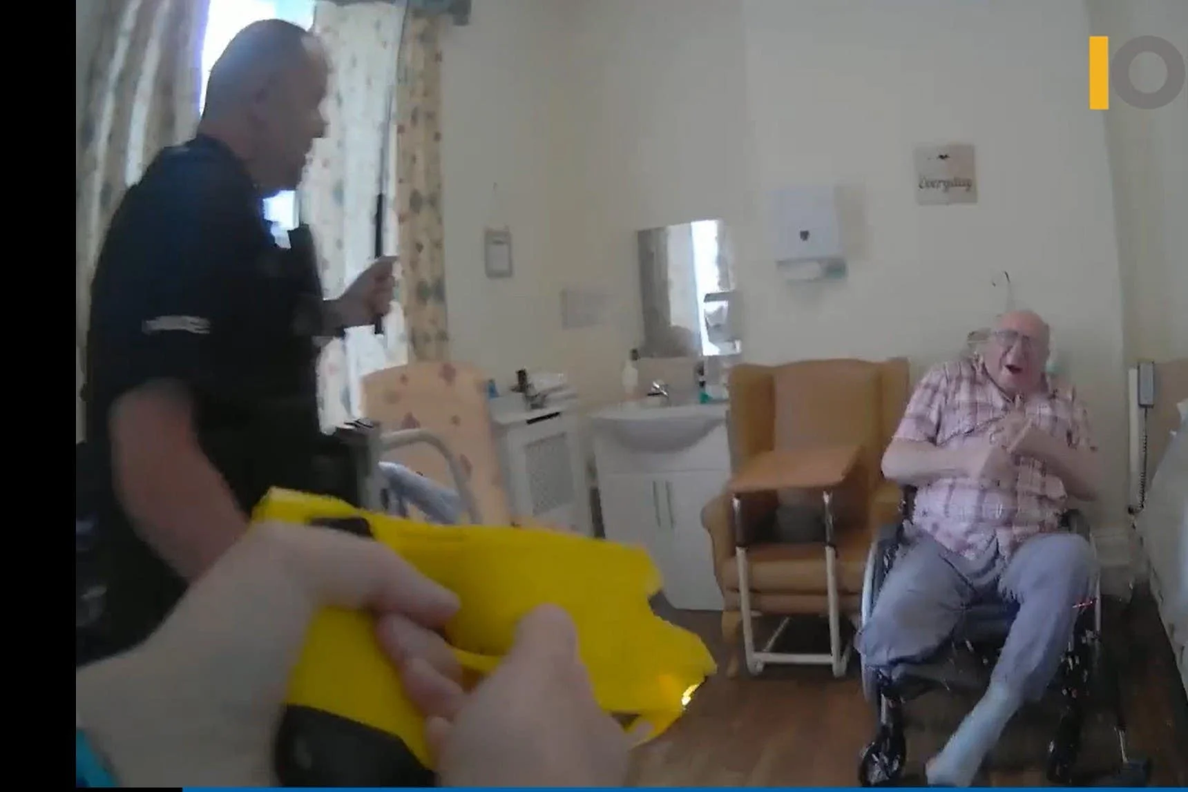 Handout screengrab from body worn video issued by Independent Office for Police Conduct (IOPC) of the incident when Donald Burgess was sprayed in the face with synthetic pepper spray before being shot by a Taser and hit with a baton, by police officers responding to a call at his care home