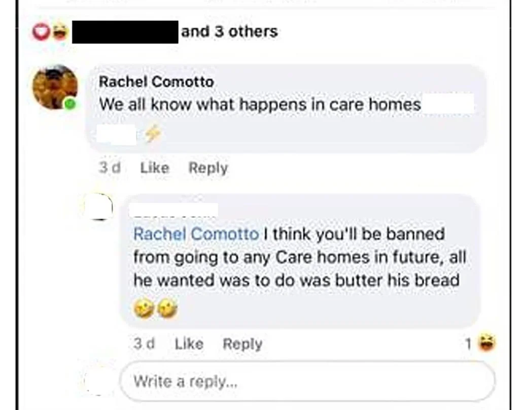 Rachel Comotto was also found to have published an inappropriate remark about the incident on Facebook