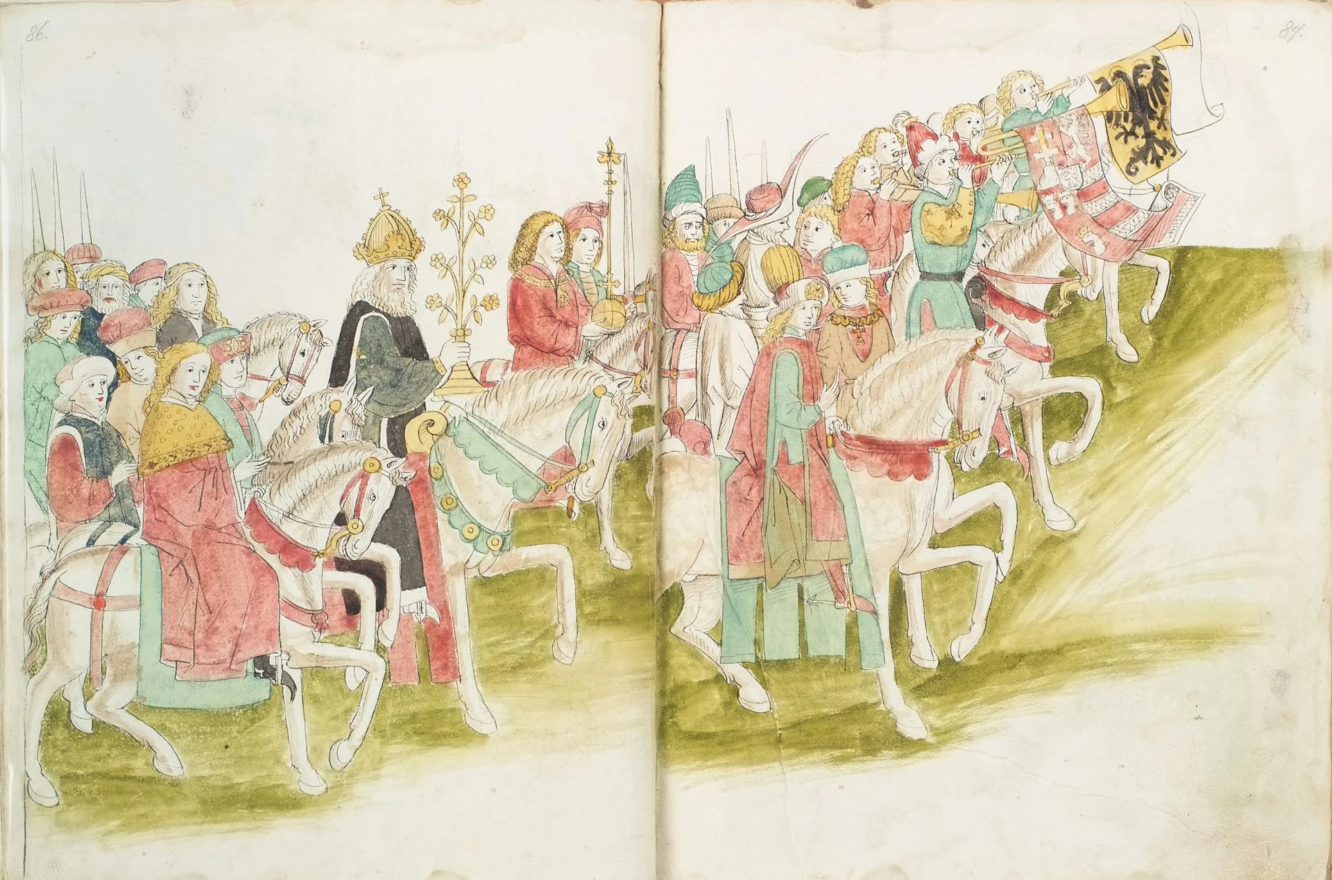 A faded drawing of a few dozen people on horseback, with one man in the middle carrying an ornate golden flower.